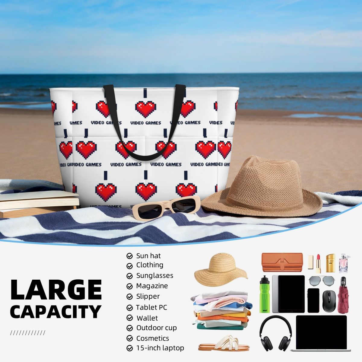 I Heart Video Games Beach Tote - مراجعة Yoga Fitness Video وسعره